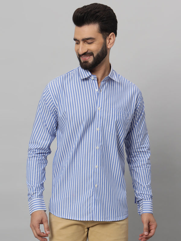 Blue with White Awning Striped Cotton Shirt for Men wear