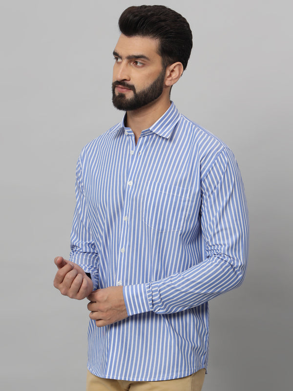 Blue with White Awning Striped Cotton Shirt for Men wear