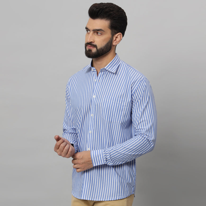 Blue with White Awning Striped Cotton Shirt for Men wear