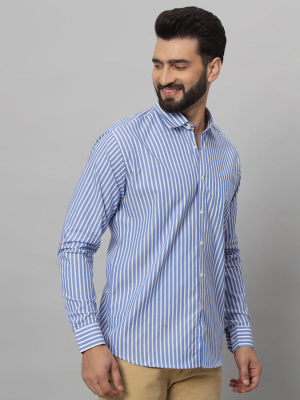 Blue with White Awning Striped Cotton Shirt for Men wear