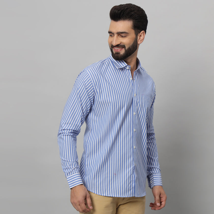 Blue with White Awning Striped Cotton Shirt for Men wear