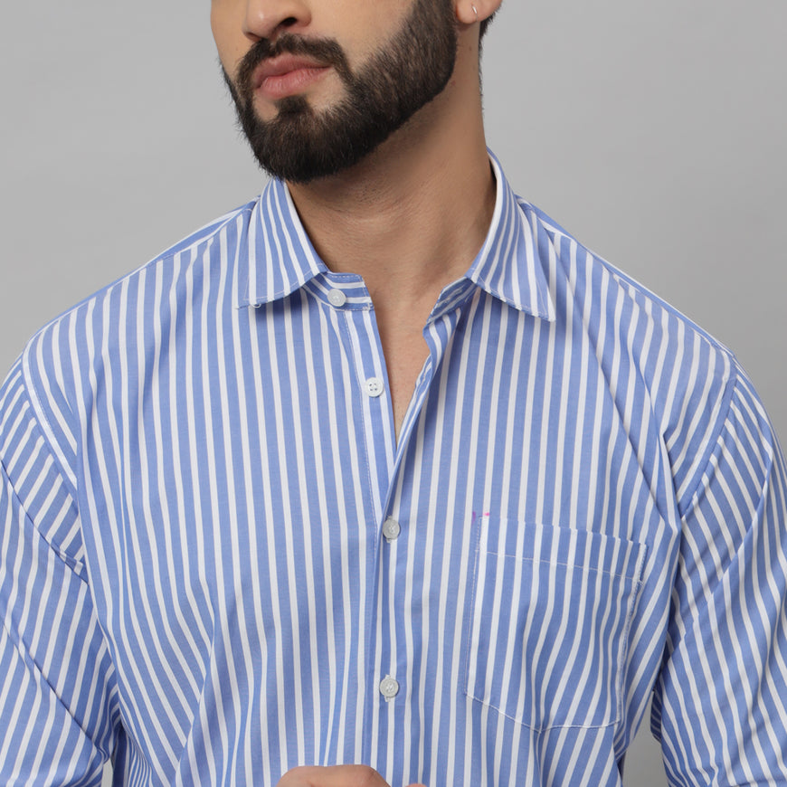 Blue with White Awning Striped Cotton Shirt for Men wear