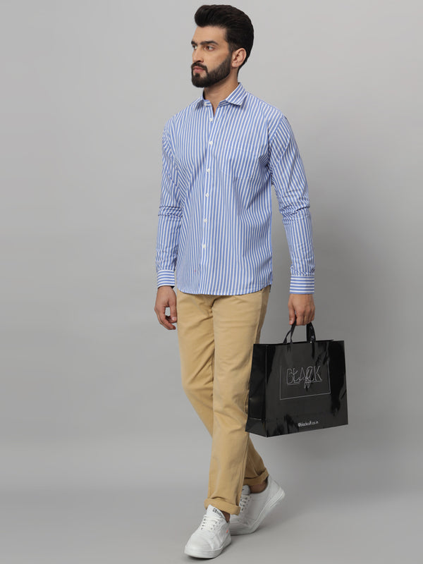 Blue with White Awning Striped Cotton Shirt for Men wear